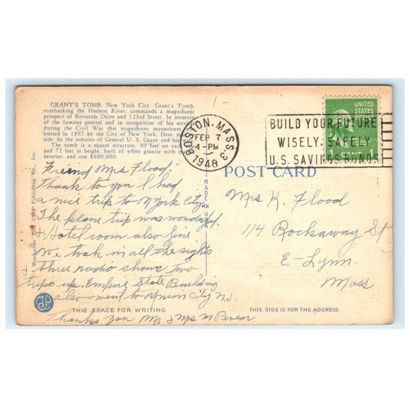VTG Postcard New York City Hudson River Grants Tomb Moonlight Posted 1948 Linen - Picture 2 of 2